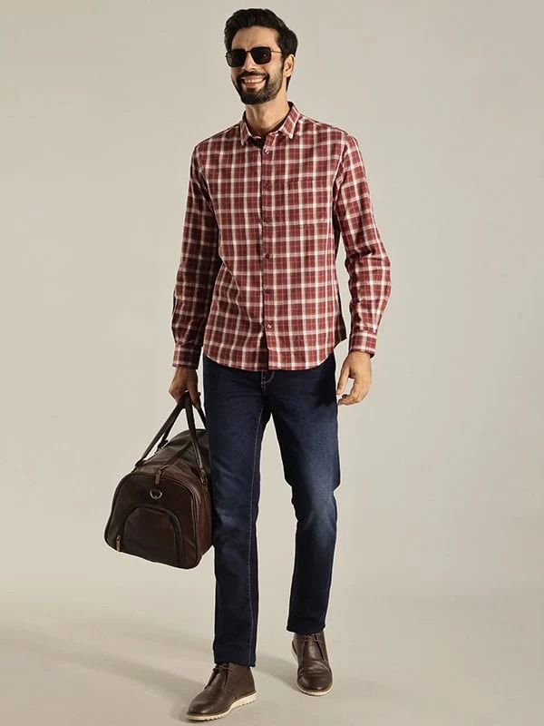 Indian Terrain Men's Slim Fit Full Sleeve Checkered Red Shirt